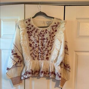 Calypso St. Barth Cream Blouse with Burgundy Floral Embroidery